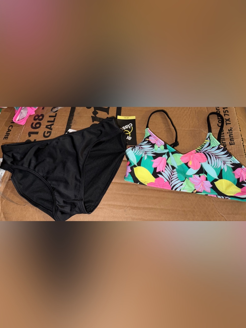 Target Girls Black Bikini Bottoms with Tropical Floral Multi-Color Bikini Top